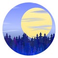 Winter forest night landscape vector circle illustration with full moon. Royalty Free Stock Photo