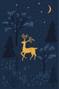 Winter forest night with yellow deer, spruce and naked trees. Christmas card design. Winter wonderland, scandinavian Royalty Free Stock Photo