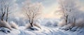 Winter forest northern nature landscape with trees and river covered with snow.