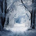 Winter forest path covered with snow, delicate icy branches creating a frozen white wonderland