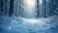 Winter forest path covered in snow with falling snowflakes. Sun shines through bare trees creating a serene and peaceful cold Royalty Free Stock Photo