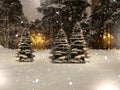 Winter forest pine trees under snow falling snowflakes in evening city park panorama landscape Royalty Free Stock Photo
