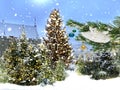Snowy Christmas tree  on  festive city marketplace fluffy snowflakes   no  tree branch with red blue green ball and gold confetti Royalty Free Stock Photo