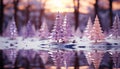 Winter forest reflects the beauty of nature in purple dusk generated by AI