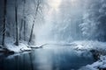 Winter forest with a river in the mist. Beautiful winter snowy landscape
