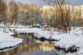 In the winter forest, the winter river runs. Royalty Free Stock Photo