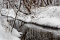 In the winter forest, the winter river runs. Royalty Free Stock Photo