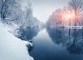 Winter forest on the river at sunset. Colorful landscape with snowy trees Royalty Free Stock Photo