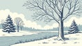Winter Forest River Vector Scene, SnowLaden Trees, vector design Generative AI Royalty Free Stock Photo