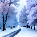 Winter Forest Road: Serene Illustration of Snow-covered Trees in a Tranquil Landscape