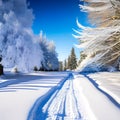 Winter Forest Road: Serene Illustration of Snow-covered Trees in a Tranquil Landscape