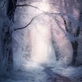 Winter forest scene with trees covered with white frost arching over a path illuminated with gentle pink light