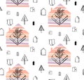 Winter forest - seamless vector pattern with trees, deer, houses, snowflakes, foot prints Royalty Free Stock Photo