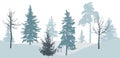 Winter forest, silhouette of bare tree, spruce, pine. Beautiful nature, landscape. Vector illustration Royalty Free Stock Photo