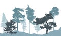 Winter forest, silhouette of tree, spruce, pine. Beautiful nature, landscape. Vector illustration Royalty Free Stock Photo