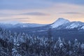 Winter forest with snow-covered fir trees high in the mountains. Dawn with bright colors on the horizon far away in the mountains Royalty Free Stock Photo