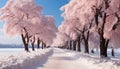 Winter forest snow covered trees create a tranquil, frozen landscape generated by AI Royalty Free Stock Photo