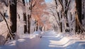 Winter forest snow covered trees, icy footpath, tranquil beauty generated by AI