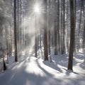 Winter forest. Snow covered trees in winter forest with road. Sunset in wood between trees strains in winter period