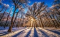 Winter forest. Sunset in wood between trees strains in winter period