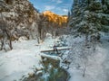 Winter forest snow river flow landscape. Forest river flow in winter snow forest scene. Winter snow river forest view Royalty Free Stock Photo