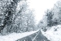 Winter forest snow road. Forest road winter snow view Royalty Free Stock Photo