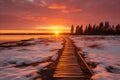 Winter Forest with Snowy Lake, Frozen Ice, Bright Sunshine, Sunset View, and Serene Footpath