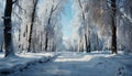 Winter forest tranquil beauty, frozen tree, snow covered landscape, icy branch generated by AI Royalty Free Stock Photo