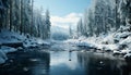 Winter forest tranquil scene, frozen beauty, blue frost, flowing water generated by AI Royalty Free Stock Photo