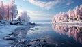 Winter forest tranquil scene, frozen beauty, reflection in icy pond generated by AI Royalty Free Stock Photo