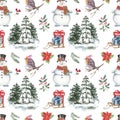 Winter forest trees and cute snowman seamless pattern. Watercolor hand painted Christmas holiday print Royalty Free Stock Photo