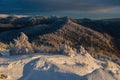 Winter forest in Velka Fatra in Slovakia. Mountain winter landscape from the top of Ostra.