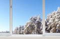 Winter forest from the window. Beautiful view from the house or apartment. Snow-covered pines.