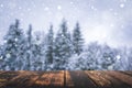 Winter forest with wooden table background. Blurred snow landscape and empty rustic table for product or merchandise. Royalty Free Stock Photo