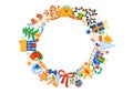 Cute colorful round frame of cute cartoon illustration for Christmas and New Year. Royalty Free Stock Photo