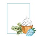 Winter frame. Cupcake with white cream and strawberry with glaze blue chocolate on fir tree branches background