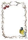 Winter frame from epmty twigs or vines with rowan berries and blue tit bird, with space for text and tittle isolated on white