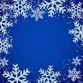 Winter frame with realistic white snow snowflakes. Square banner, poster, greeting card background. Vector illustration