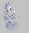 Winter freeze. Drawing of a young woman who is cold in winter. Sketch of girl on grey paper background. Imitation of gouache Royalty Free Stock Photo