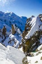 Winter in french mountains. French Alps covered with snow. Panoramatic view of Mont Blanc in the left side of the photograph.