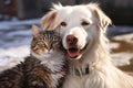 Winter frolic Cat and dog share laughs with a playful ride Royalty Free Stock Photo