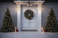 Winter front home festive house tree garland holidays background christmas xmas door decorations Royalty Free Stock Photo