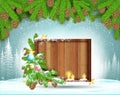 Winter frost landscape with square wood border stand on snow under fir tree branch. Christmas background