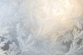 Winter frost on window with sunlight, background with snowflakes Royalty Free Stock Photo