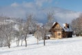 Winter frosty landscape of the beautiful Transylvanian village, Bran