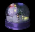 Winter Frosty Micro World: A cottage covered with snowdrifts in a glass globe, snowing