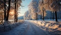 Winter frozen beauty snow covered forest, tranquil sunset, icy tree branches generated by AI Royalty Free Stock Photo