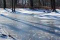 Winter is a frozen river on a sunny day. Good fishing spot.Trees and on the shore of a lake covered with ice. Winter Royalty Free Stock Photo