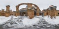 winter full hdri 360 panorama inside brick walls with columns and arches in old abandoned medieval castle in snow in