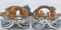 winter full hdri 360 panorama inside brick walls of old abandoned medieval castle in snow in equirectangular seamless spherical